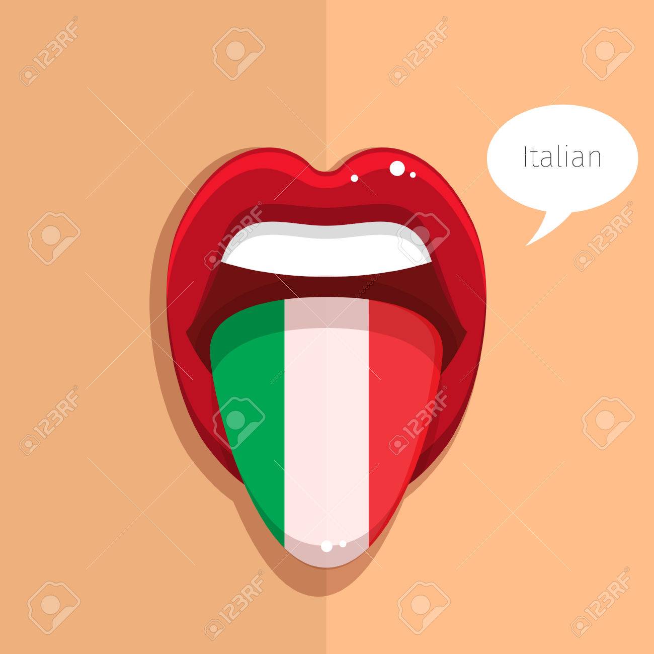 イタリア語の概念 イタリア語舌はイタリアの国旗 女性顔で口を開きます フラットなデザイン ベクトル イラスト のイラスト素材 ベクタ Image