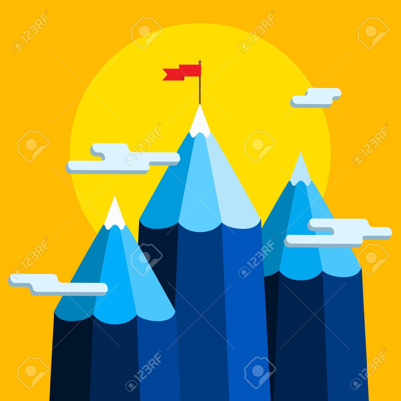 創造的な成功のコンセプト 目標達成 フラグを持つ山 フラットなデザイン ベクトル イラスト のイラスト素材 ベクタ Image
