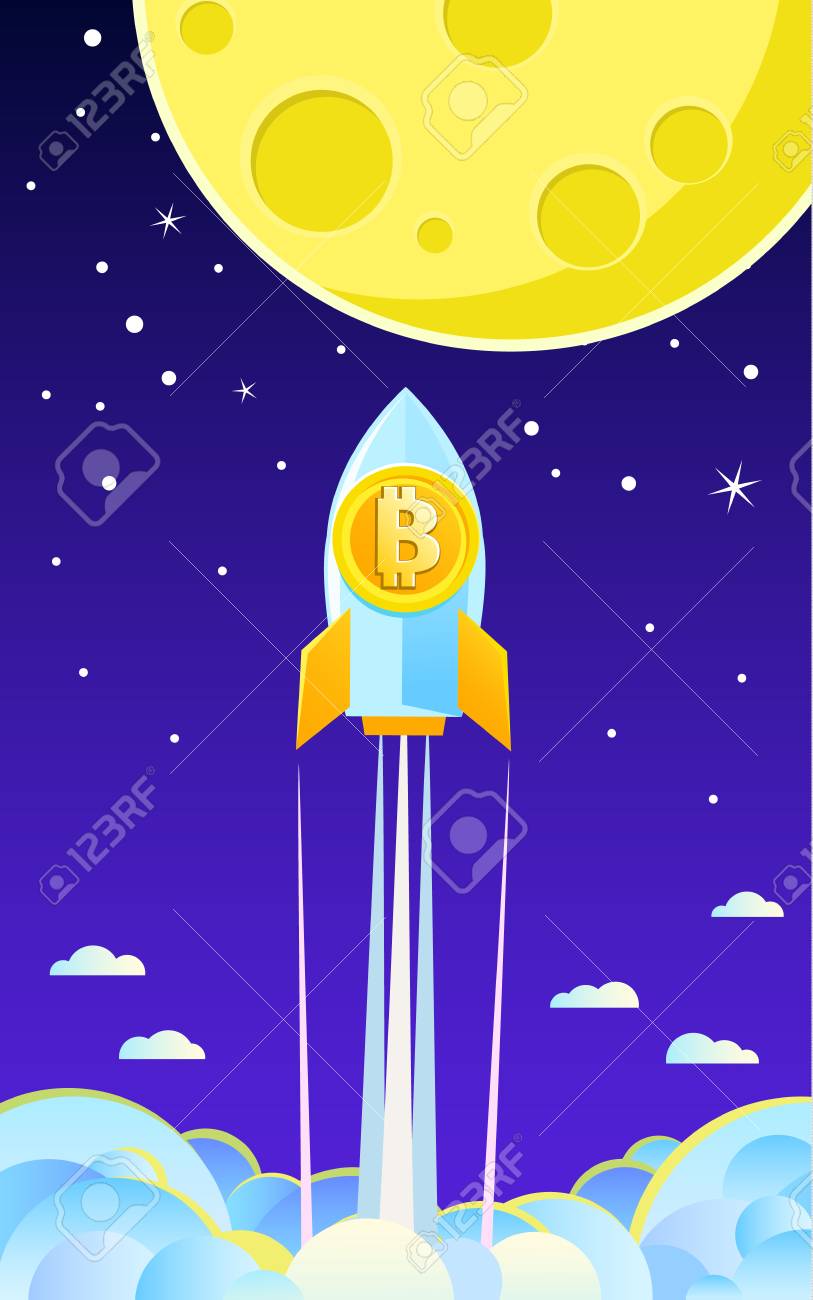 Concept Of Crypto-currency. Rocket Flying To The Moon With Bitcoin Icon.  Royalty Free SVG, Cliparts, Vectors, and Stock Illustration. Image 96587933.