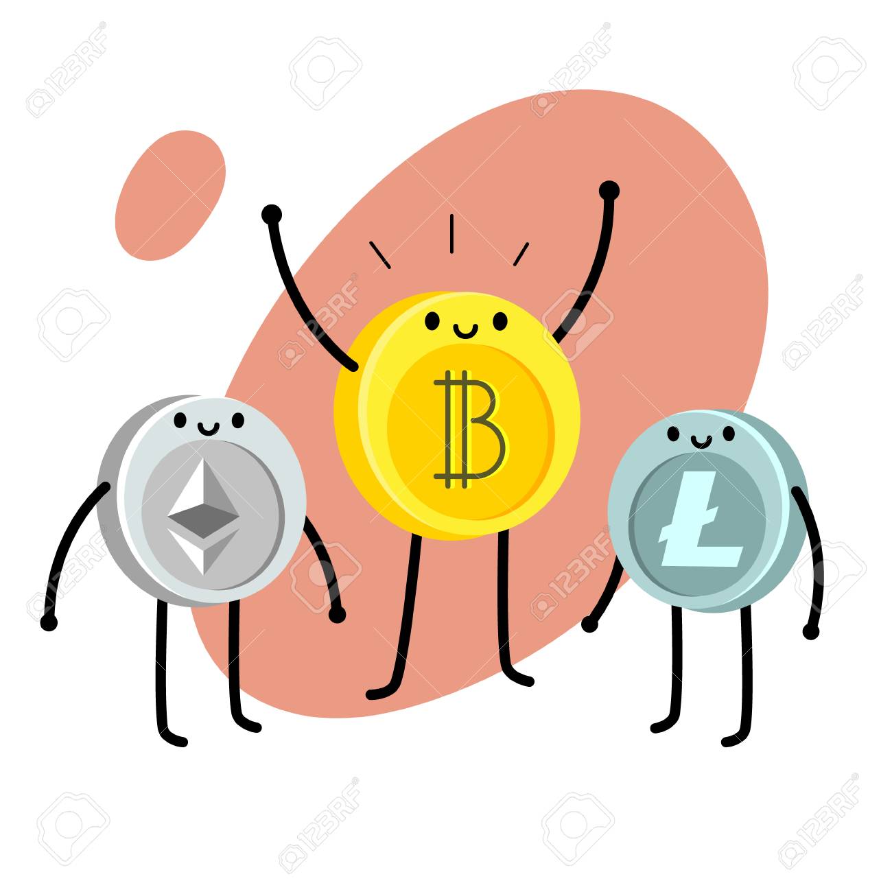 暗号通貨の概念。漫画のビットコインのキャラクター。ビットコインはエテリウムとライトコインと共に立っています。ベクターの図。のイラスト素材・ベクター  Image 98210975
