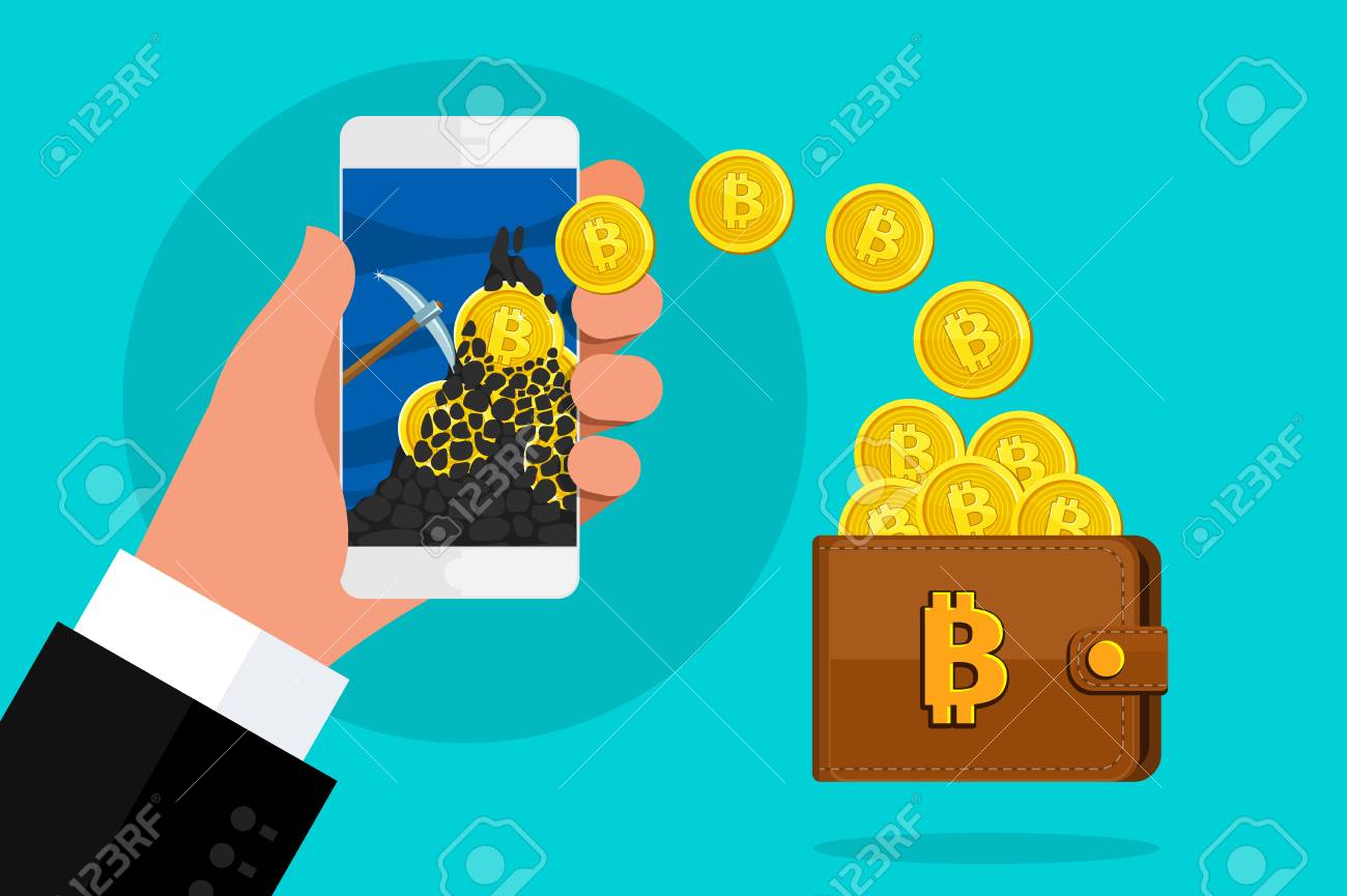 암호 화폐의 개념. 비트 코인을 찾아서 암호 화폐를 얻기위한 채굴. 스마트 폰 화면의 비트 코인. 평면 디자인, 벡터 일러스트 레이  션입니다. 로열티 무료 사진, 그림, 이미지 그리고 스톡포토그래피. Image 98212065
