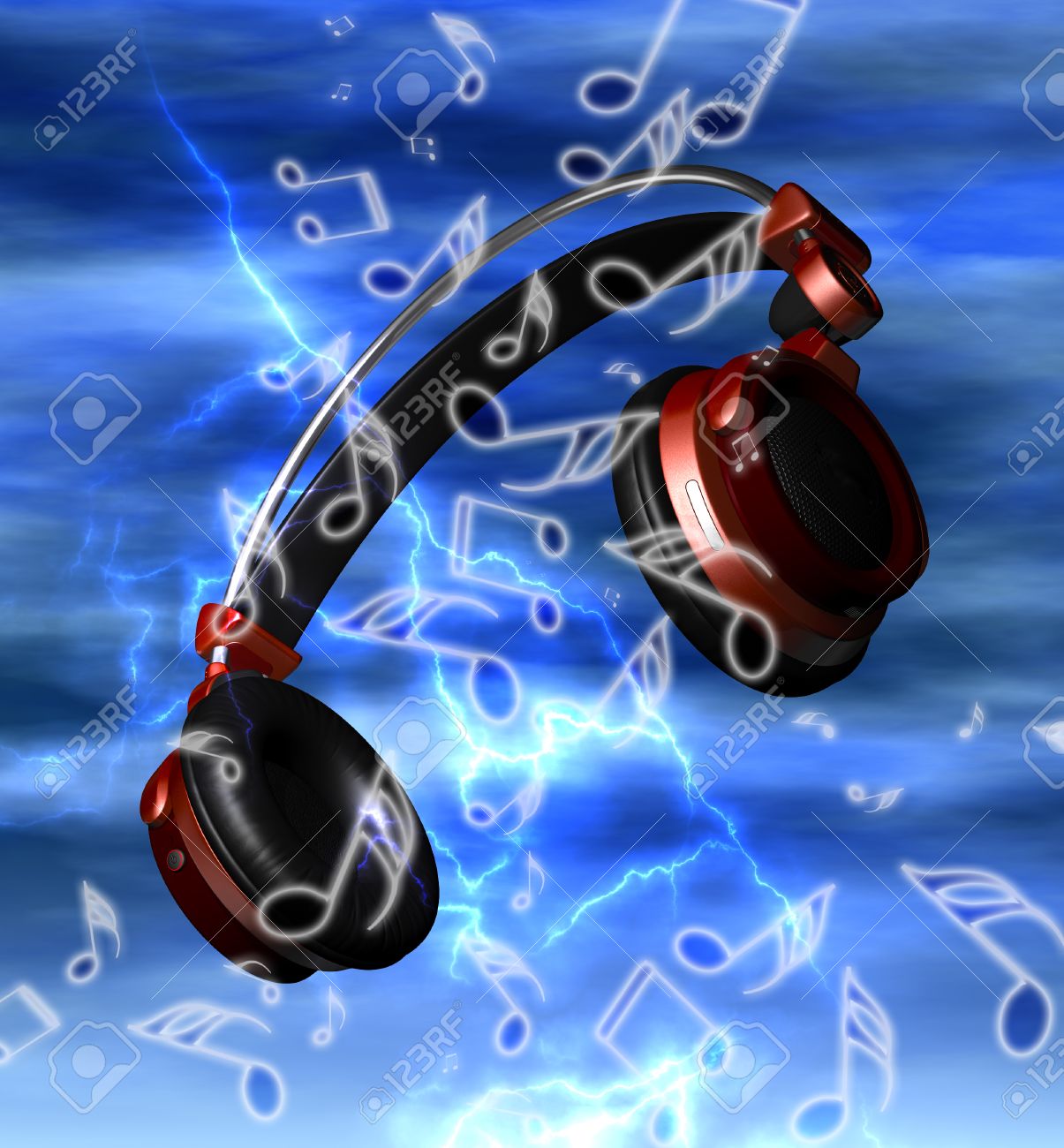 音楽の音符の空を背景に現実的なヘッドフォン の写真素材 画像素材 Image