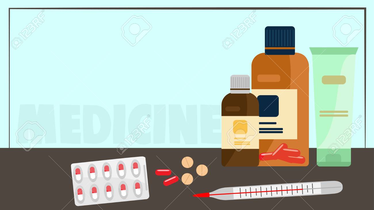 Medicina Primeiros Socorros Kit Médico Tema Pílulas Garrafas Vetor