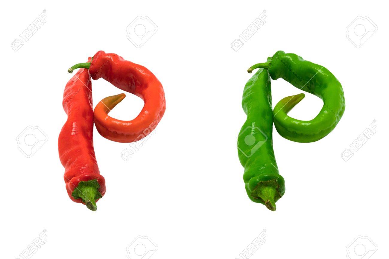 letter p composed of green and red chili peppers isolated on stock