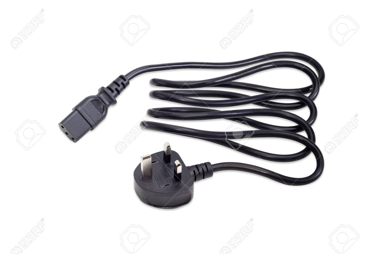 Black power cord with the BS 1363 plug equipped with a fuse and three rectangular pins