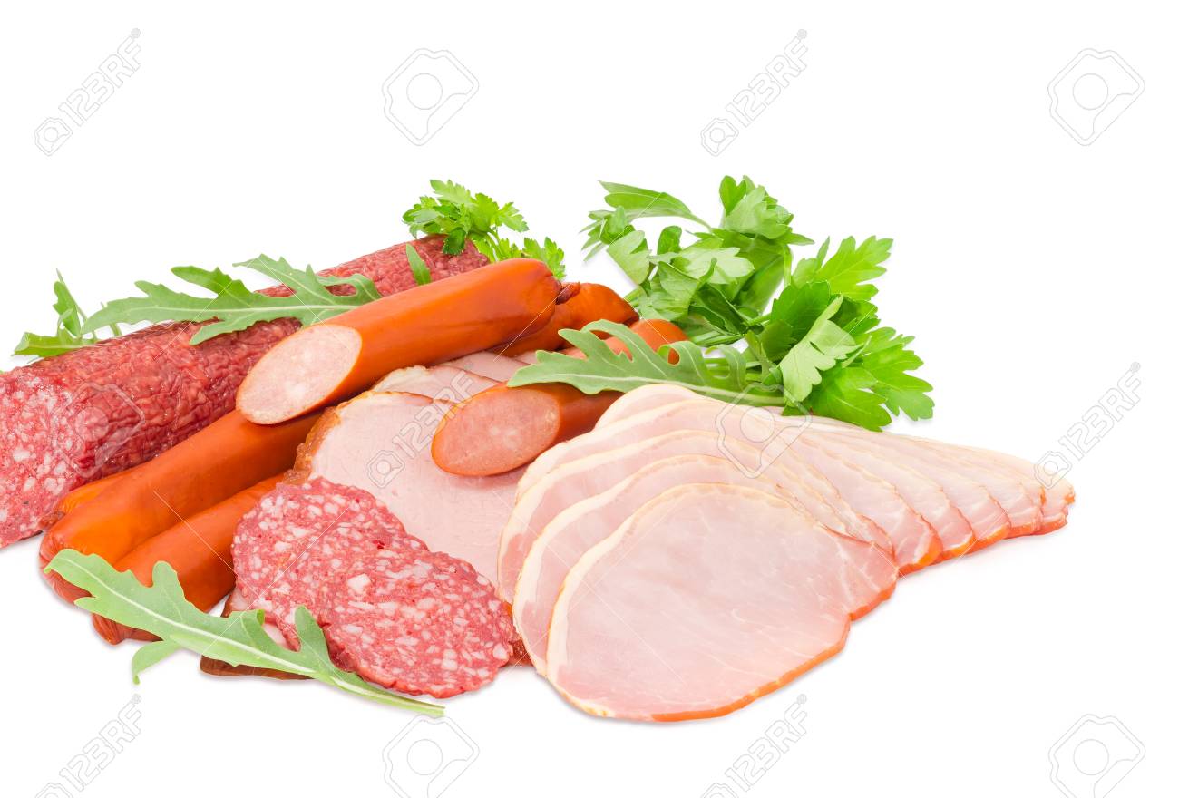 Longe Et Jambon De Porc Fumes Et Bouillis Salami En Partie Tranche Et Saucisses De Chasse A La Roquette Et Gros Plan De Persil Sur Fond Clair Banque D Images Et Photos Libres
