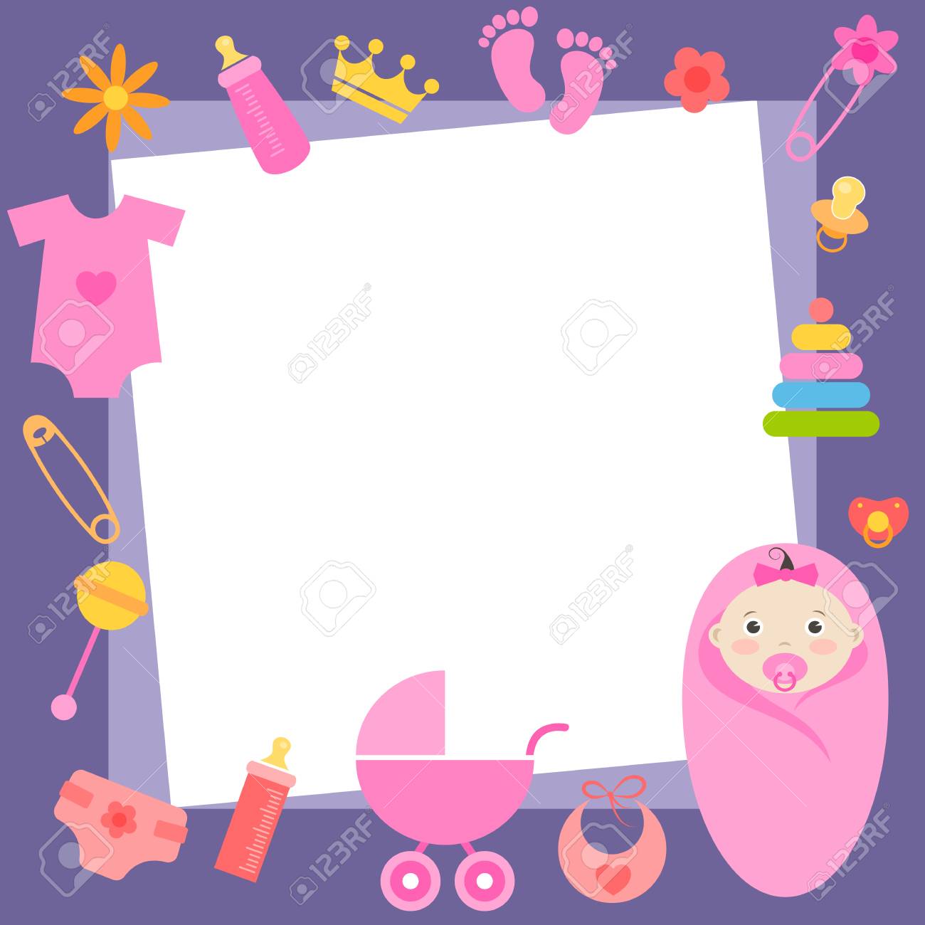 Cadre Avec Des Elements Bebe Fille Clip Art Libres De Droits Vecteurs Et Illustration Image