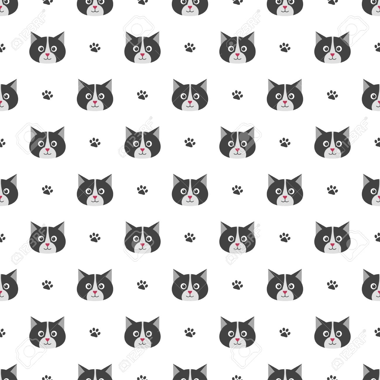 かわいい猫と足跡のシームレス パターンのイラスト素材 ベクタ Image