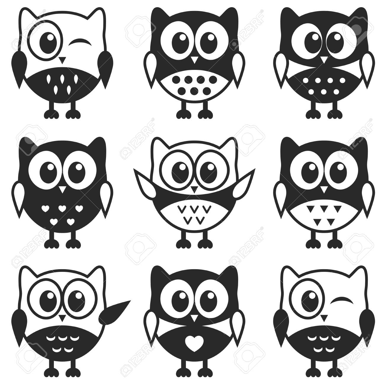 白い背景に黒と白のフクロウとカワウソ漫画のイラストのセット のイラスト素材 ベクタ Image