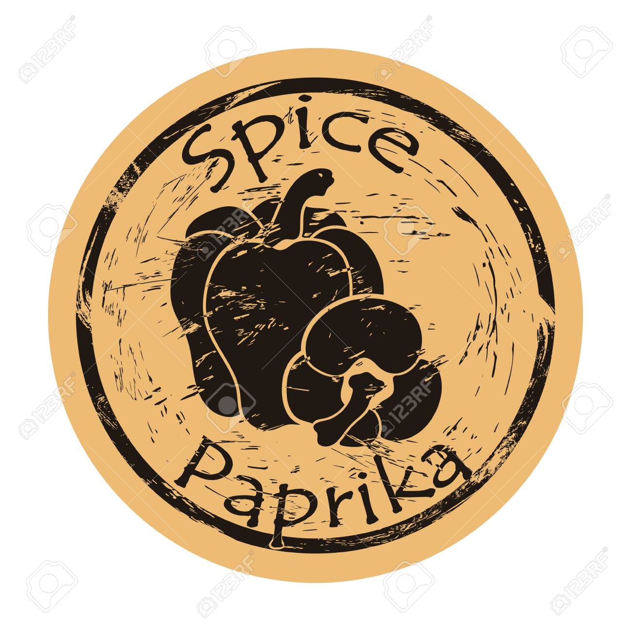 Paprika Spice View Icon Vector Round Shabby Emblem Design, Old Retro Style.  Paprika Spicy Ingredient Mail Stamp On Craft Paper. Cooking Ingredient  Vintage Grunge Sign. Bell Pepper. Royalty Free SVG, Cliparts, Vectors,, image size:1300x1300