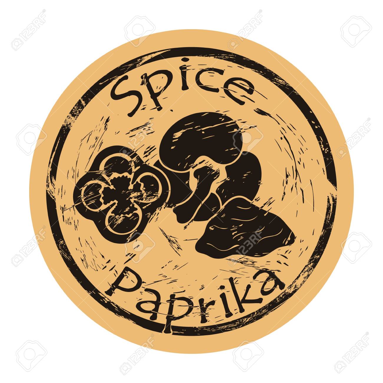 Paprika Spice View Icon Vector Round Shabby Emblem Design, Old Retro Style.  Paprika Spicy Ingredient Mail Stamp On Craft Paper. Cooking Ingredient  Vintage Grunge Sign. Bell Pepper. Royalty Free SVG, Cliparts, Vectors,, image size:1300x1300