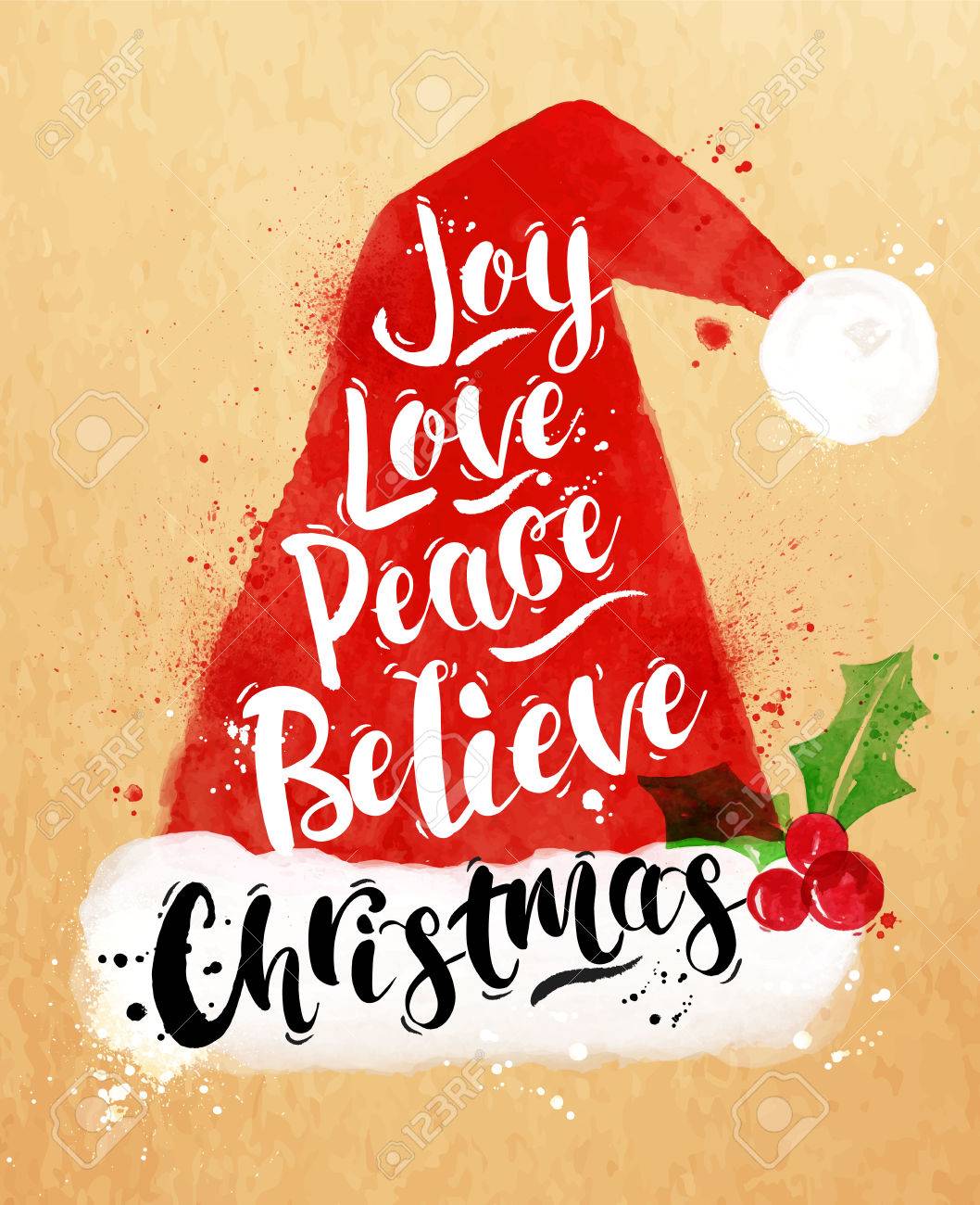 Watercolor poster Christmas Santa hat lettering joy, love, peace, believe, Christmas drawing in vintage style on kraft paper - 44161273 Watercolor poster Christmas Santa hat lettering joy, love, peace, believe, Christmas drawing in vintage style on kraft paper - 44161273