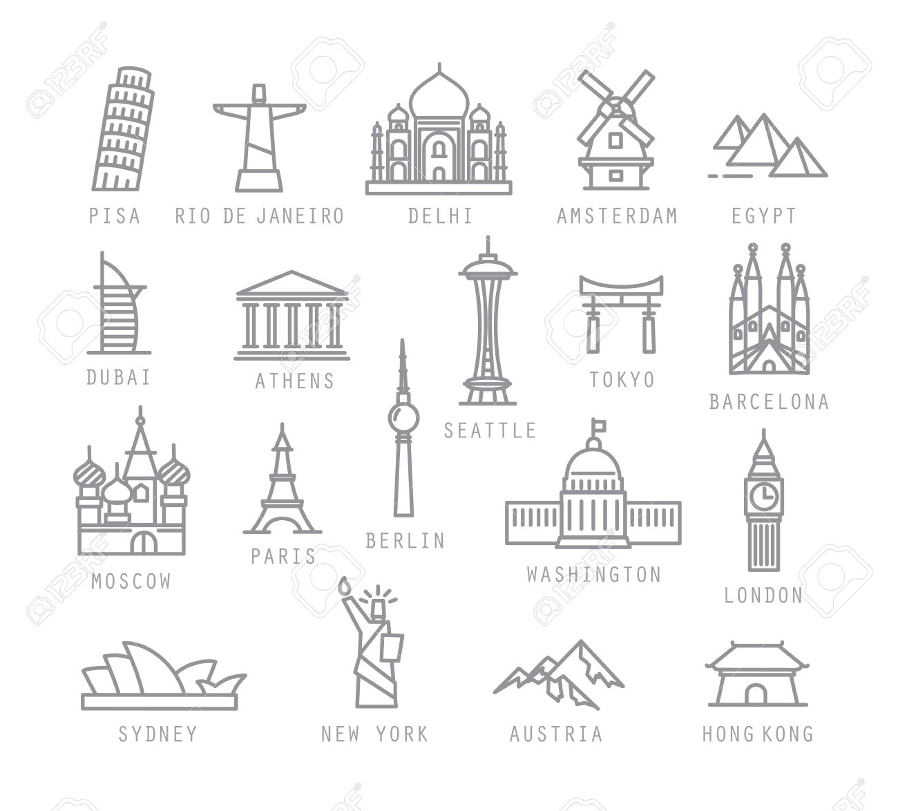 City icons in flat style with names Pisa, Rio, Delhi, Amsterdam, Dubai, Athens, Seattle, Tokyo, Barcelona, Berlin, Washington, Paris, London, Sydney, New York, Hong Kong - 48038968 City icons in flat style with names Pisa, Rio, Delhi, Amsterdam, Dubai, Athens, Seattle, Tokyo, Barcelona, Berlin, Washington, Paris, London, Sydney, New York, Hong Kong - 48038968