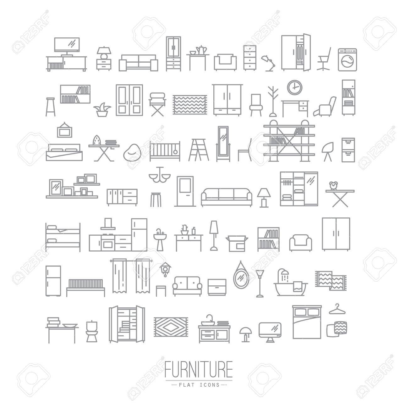 Furniture and home decor icon set in modern flat style drawing with grey lines on white background - 59360607 Furniture and home decor icon set in modern flat style drawing with grey lines on white background - 59360607