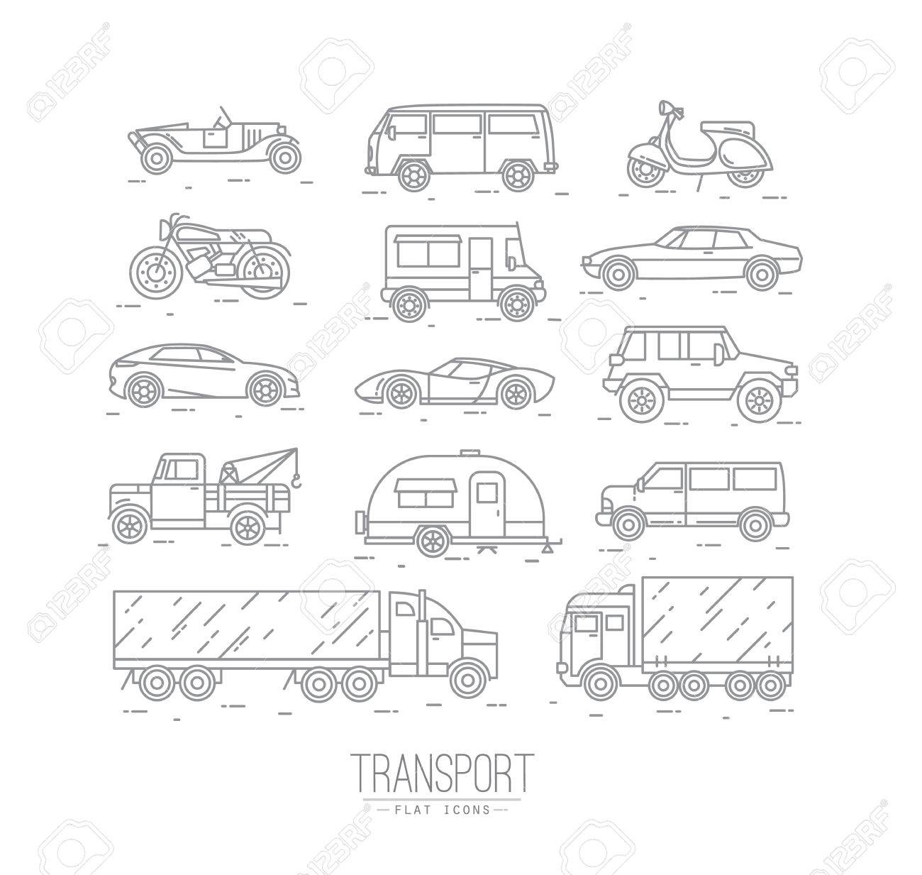 Set of transport icons in flat style car, moto, truck, scooter drawing with gray lines on white background - 59844548 Set of transport icons in flat style car, moto, truck, scooter drawing with gray lines on white background - 59844548