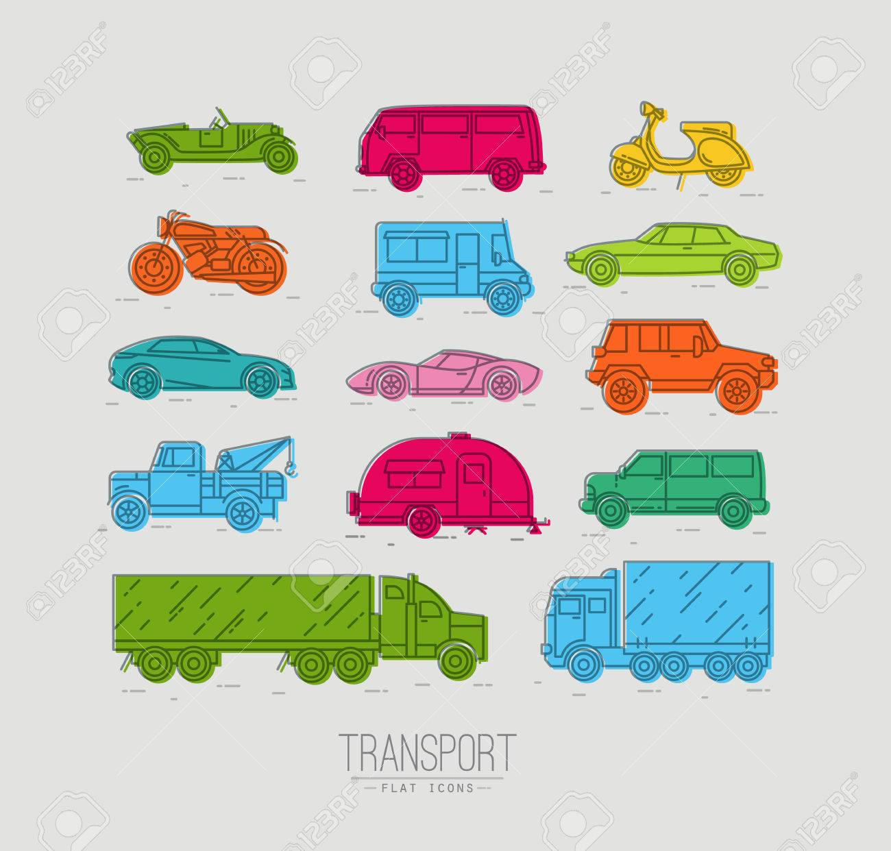 Set of transport icons in flat style car, moto, truck, scooter drawing with color on gray background - 59844545 Set of transport icons in flat style car, moto, truck, scooter drawing with color on gray background - 59844545
