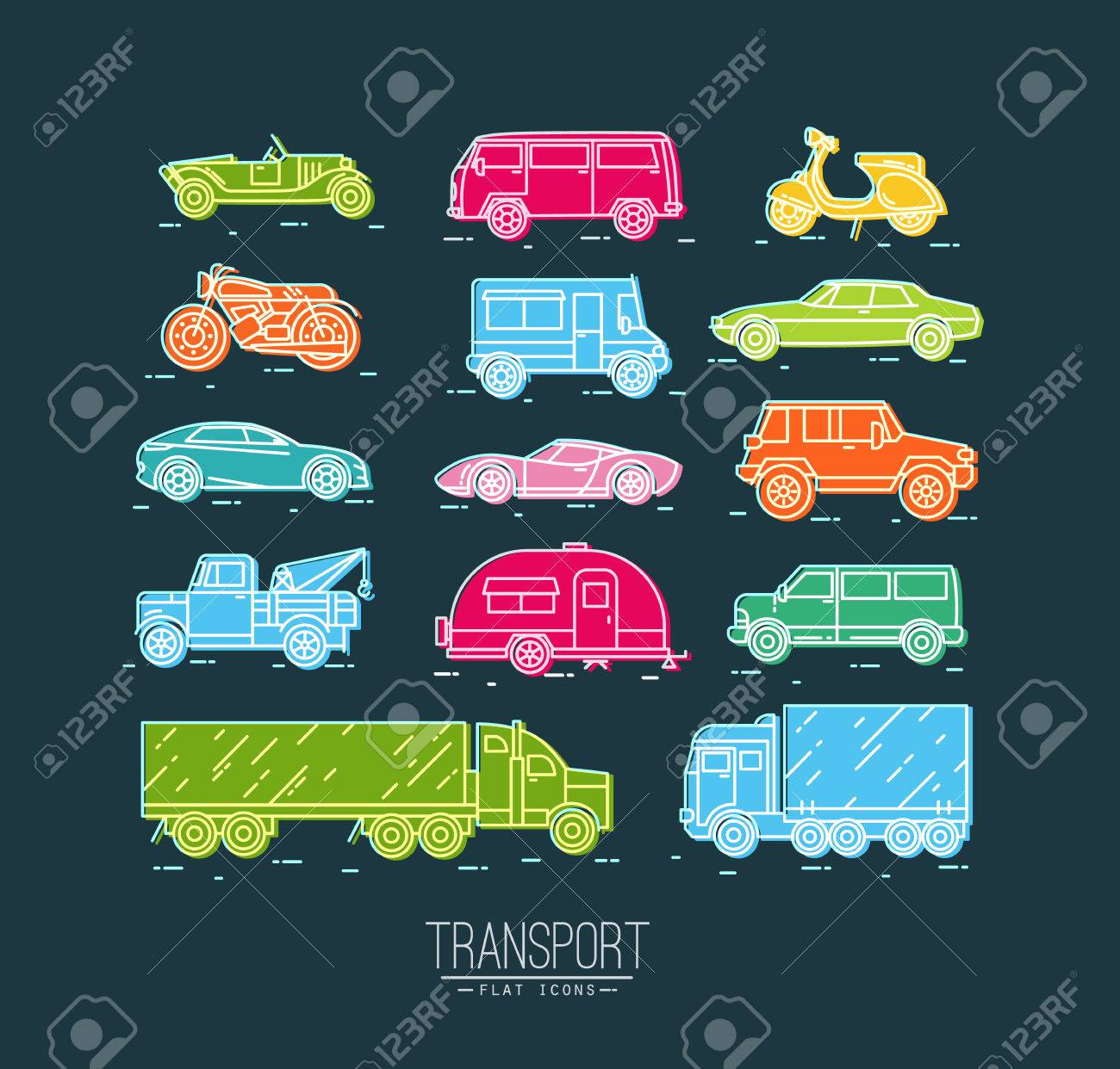 Set of transport icons in flat style car, moto, truck, scooter drawing with color on dark blue background - 60674855 Set of transport icons in flat style car, moto, truck, scooter drawing with color on dark blue background - 60674855