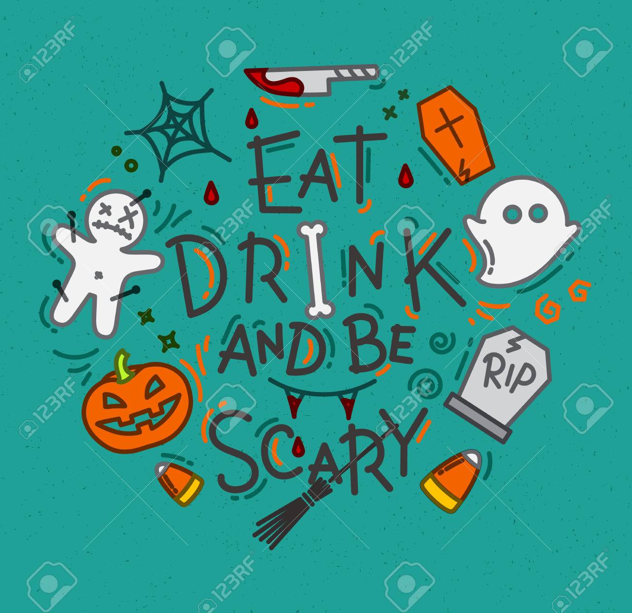 ハロウィンのポスターにフラット スタイルで食べる飲むと怖い青緑色の背景上に描画します のイラスト素材 ベクタ Image ハロウィンのポスターにフラット スタイルで食べる飲むと怖い青緑色の背景上に描画します のイラスト素材 ベクタ Image