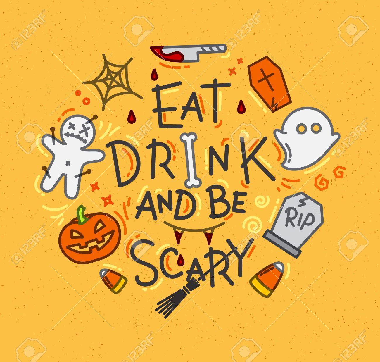 ハロウィンのポスターにフラット スタイルで食べる飲むと怖いマスタードの背景上に描画します のイラスト素材 ベクタ Image ハロウィンのポスターにフラット スタイルで食べる飲むと怖いマスタードの背景上に描画します のイラスト素材 ベクタ Image