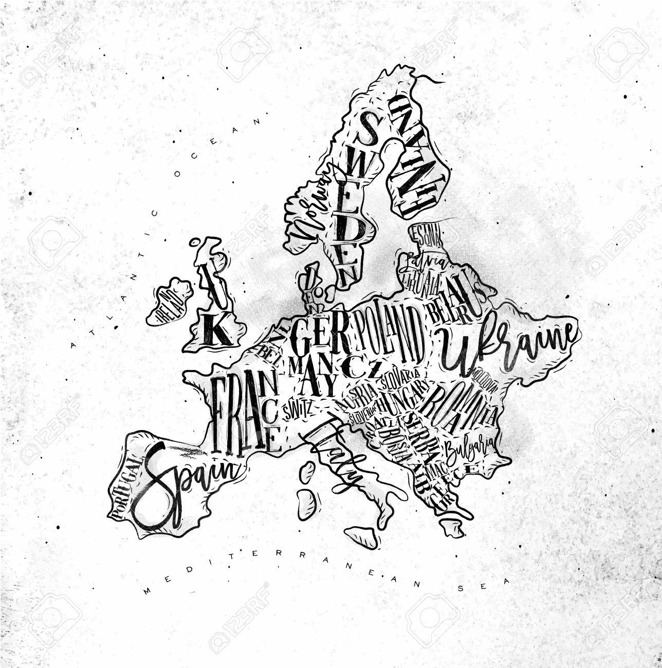 vintage europe map with countries inscription uk ireland norway sweden finland
