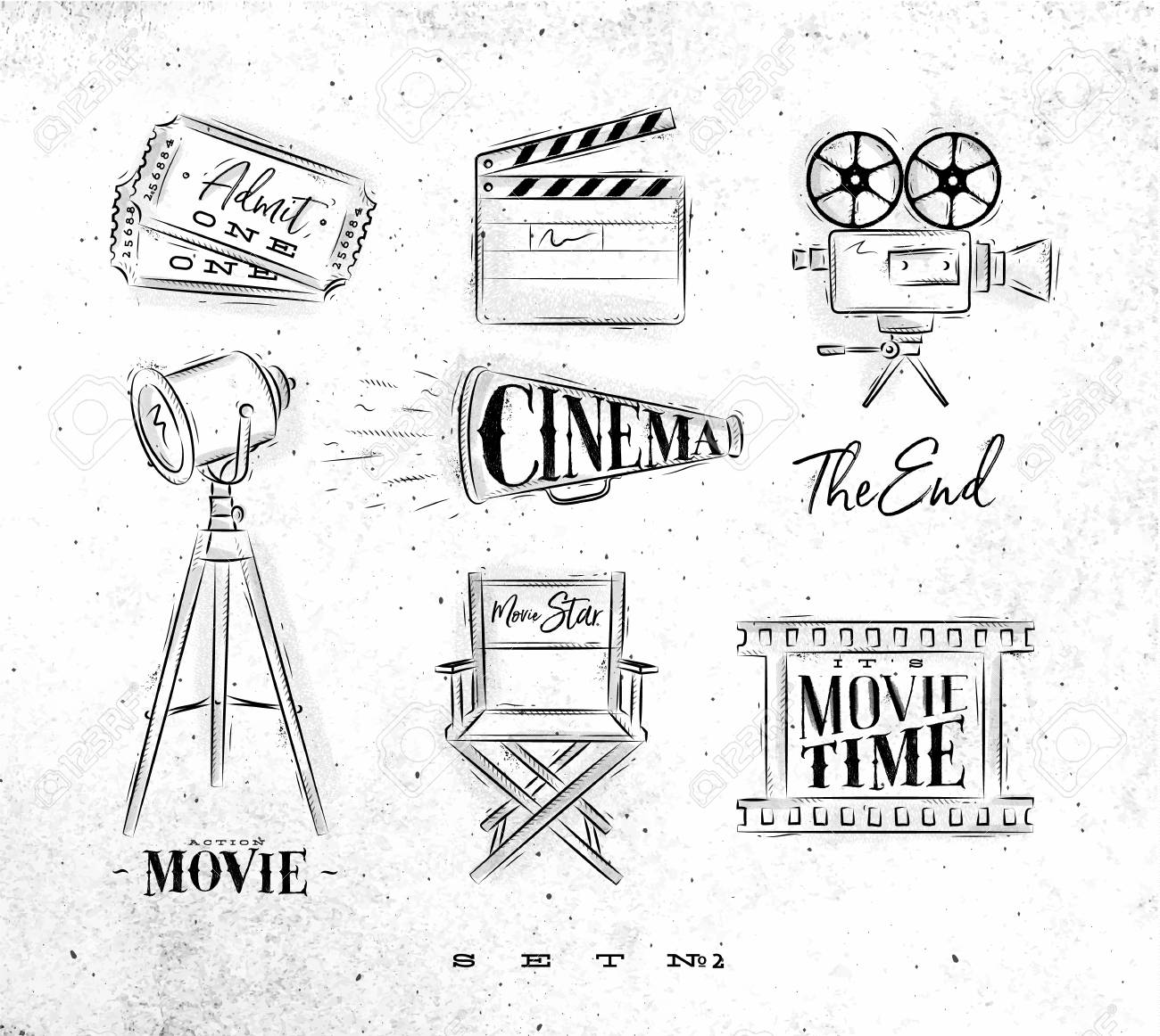 Billet de symboles de cinéma, clap, caméra, corne, projecteur, chaise pour une star de cinéma, film ciné dessin sur papier sale. Billet de symboles de cinéma, clap, caméra, corne, projecteur, chaise pour une star de cinéma, film ciné dessin sur papier sale.