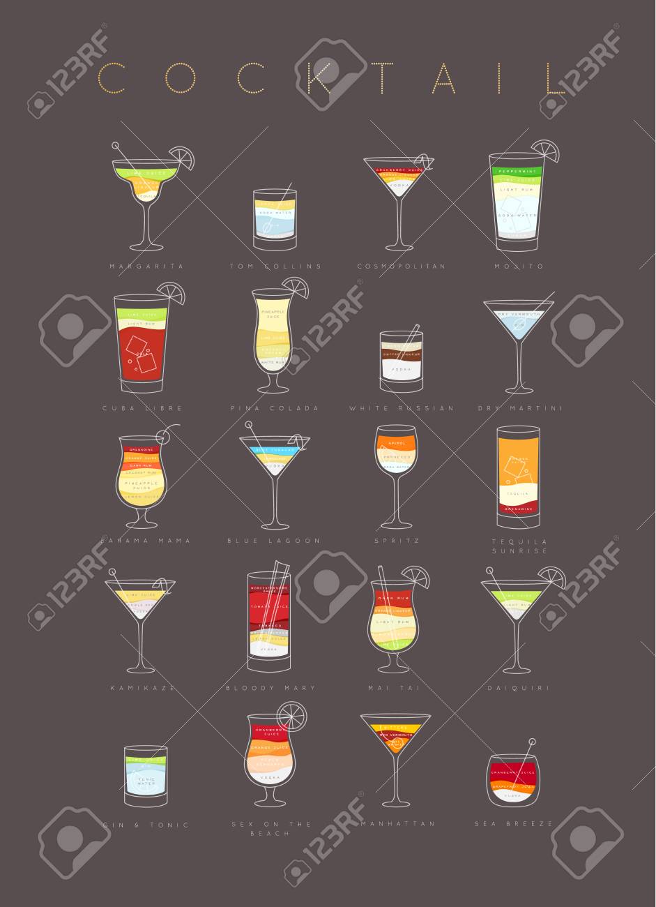 Poster Flat Cocktails Menu With Glass Recipes And Names Of Cocktails Royalty Free Cliparts Vectors And Stock Illustration Image 96393728