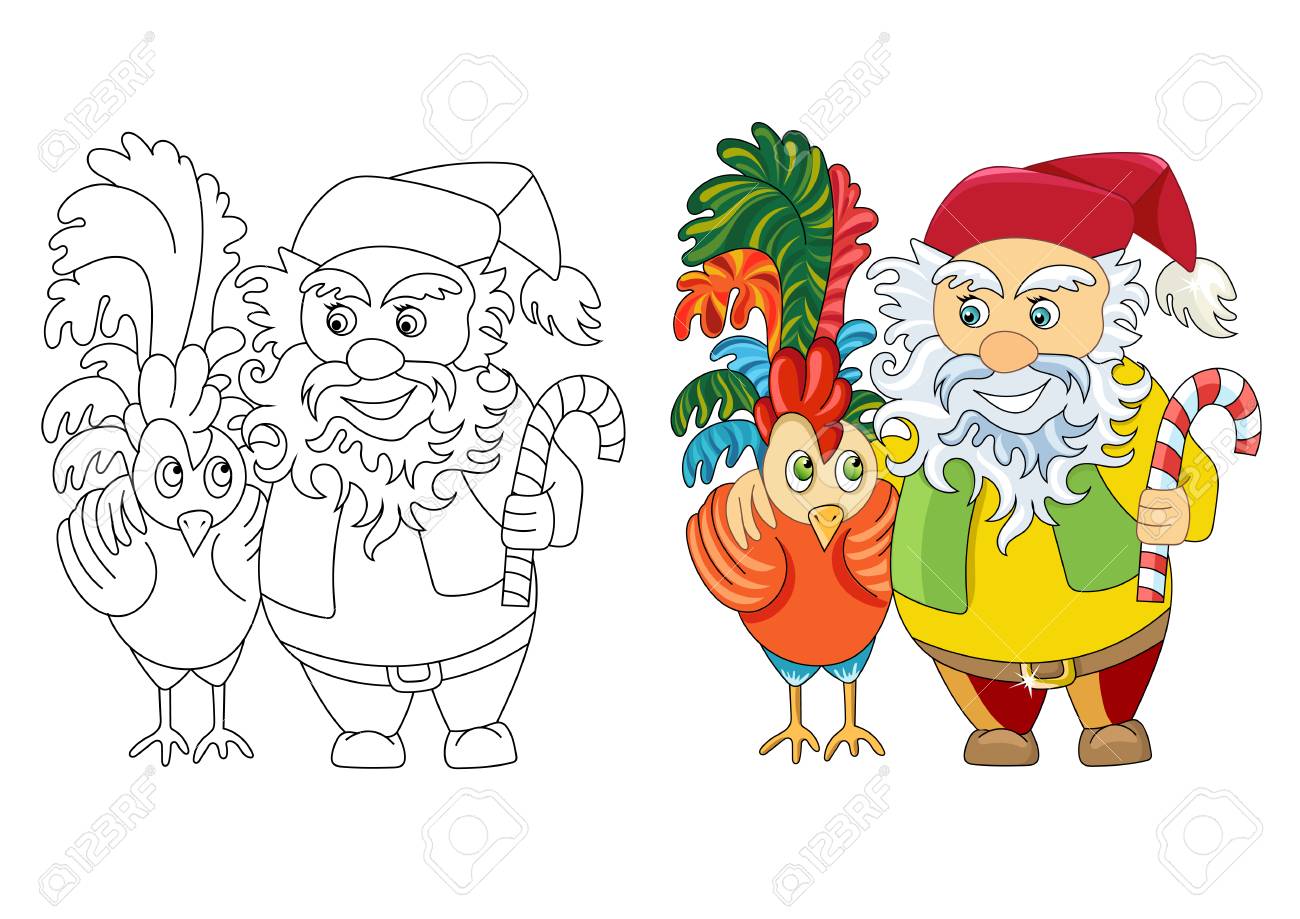 Dwarf And A Rooster Coloring For Children Happy New Year And Dwarf and a rooster Coloring for children Happy New Year and Christmas