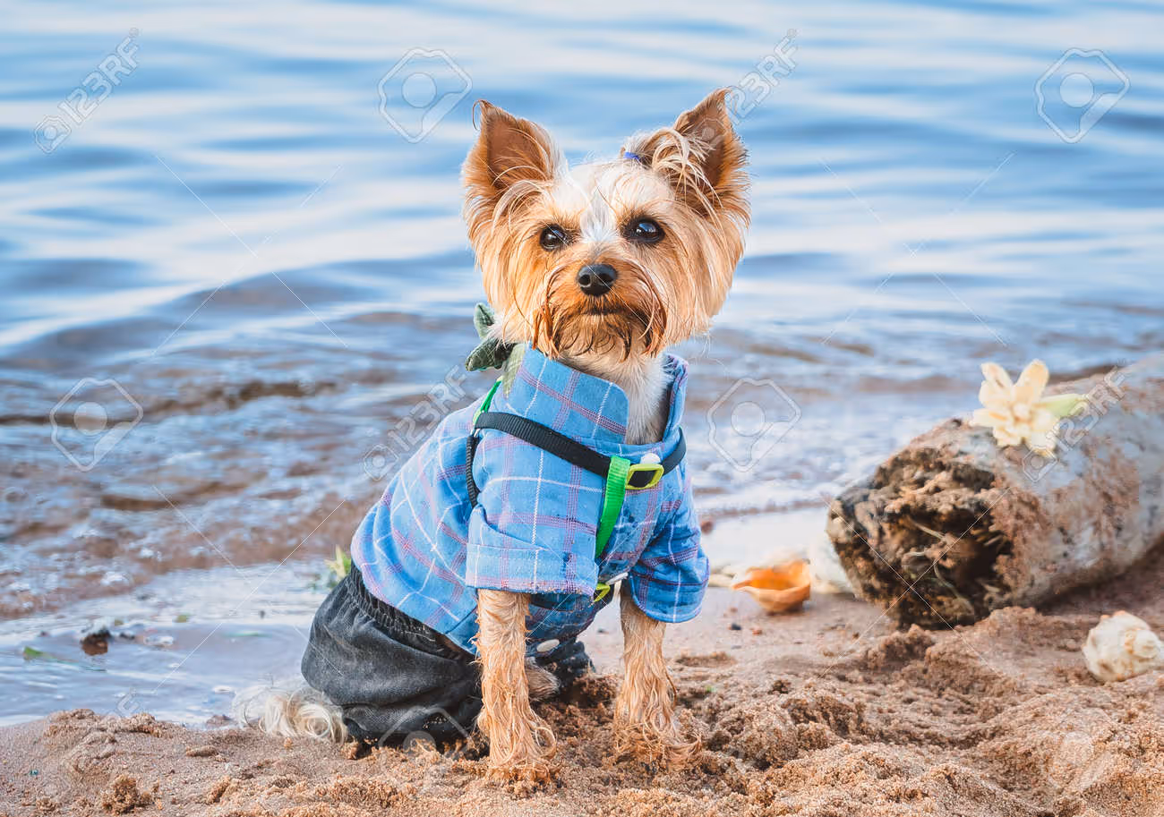 Un Yorkshire Terrier en costume bleu se dresse sur une plage de sable. Séance photo d'un chien sur fond de mer et de coquillages - 152066786