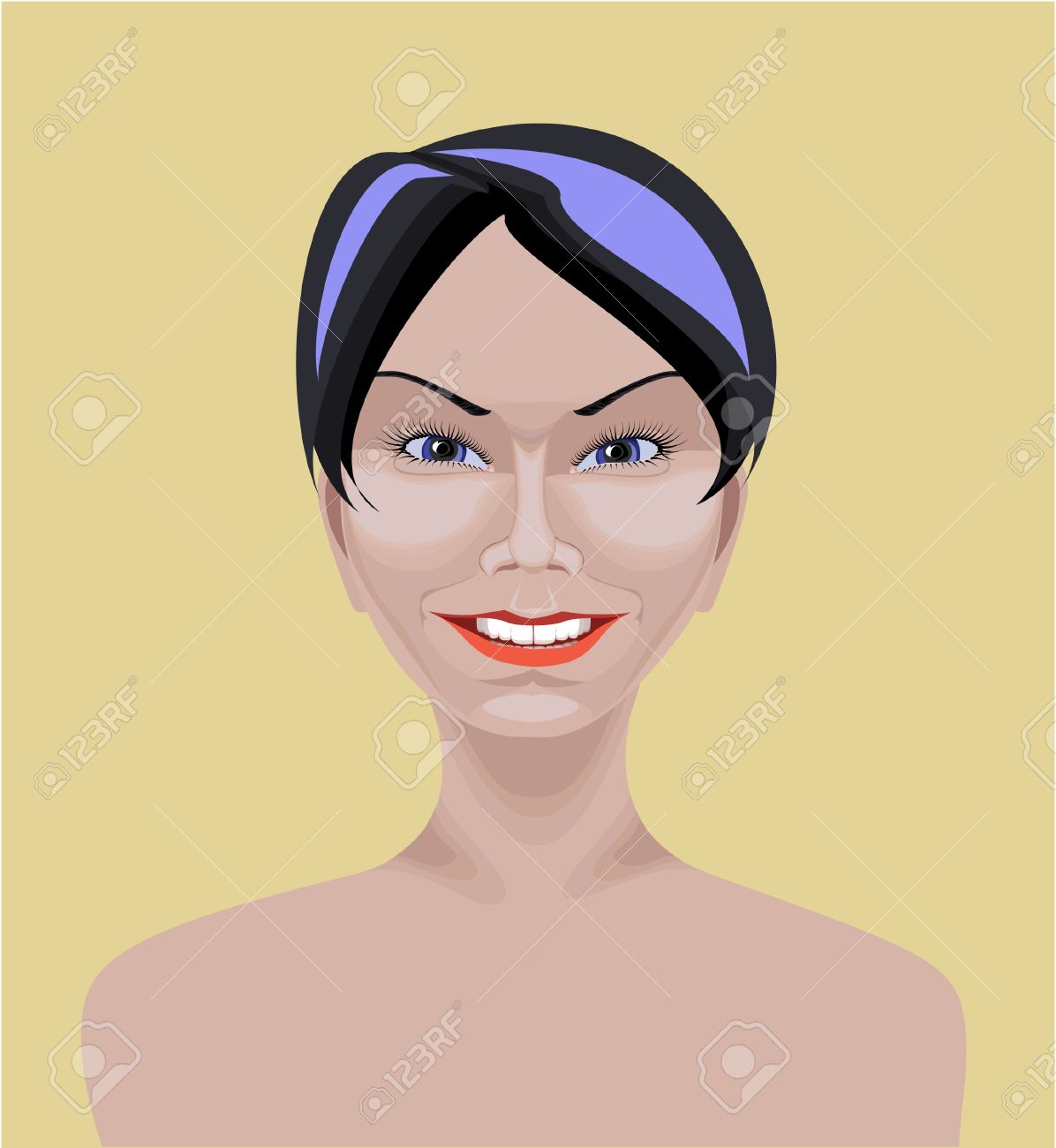 Beautiful White Asian Girl With Short Straight Black Hair Blue