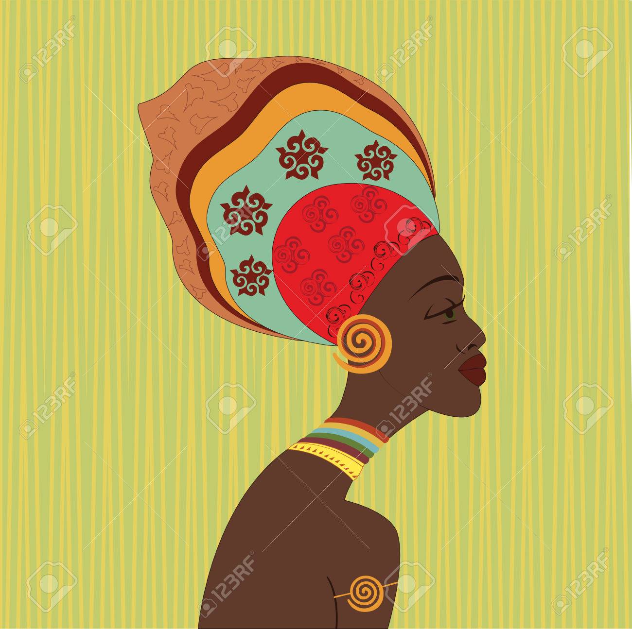 アフリカの民族の女性の顔 縦断ビュー カラフルなターバンを部族からの魅力的な少女 のイラスト素材 ベクタ Image