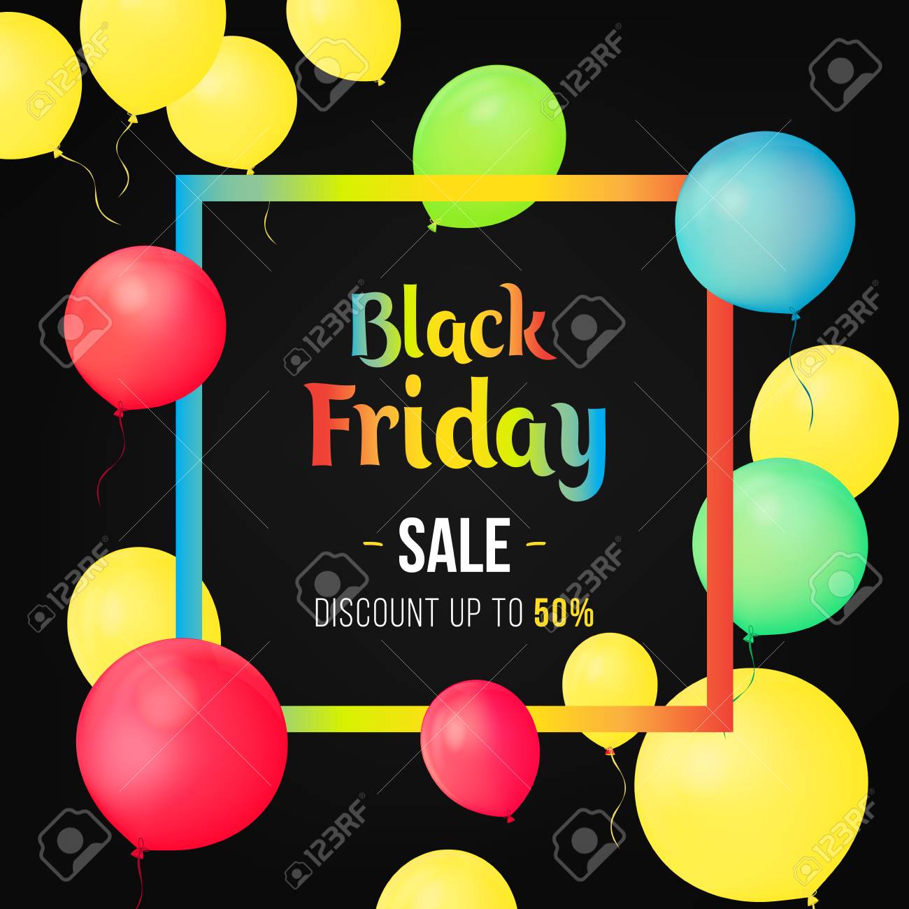 正方形のフレームと黒の背景に光沢のある風船でブラックフラ イデー販売ポスター 販売バナー テンプレート デザイン 提供価格ラベル 小売り業でキャンペーンの広告のための記号を割引します のイラスト素材 ベクタ Image