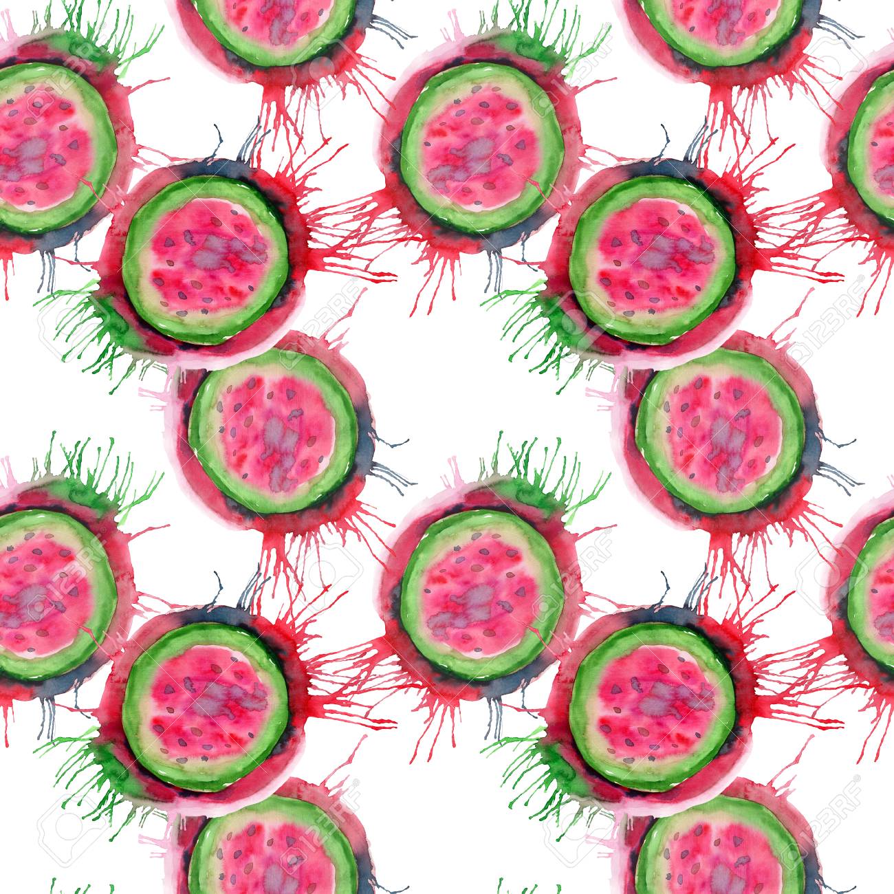 抽象的な明るくカラフルなおいしいおいしいおいしい熟したジューシーなかわいい素敵な赤い夏秋はしみとスプレー パターン水彩手イラストでスイカ をカットしました テキスタイル 壁紙 カードに最適 の写真素材 画像素材 Image