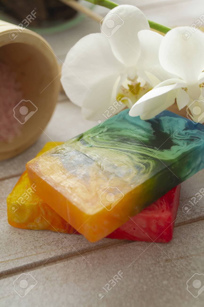 Bar Of Handmade Natural Soap And Orchid Flowers Spa Concept Stock Photo Picture And Royalty Free Image Image 147139470