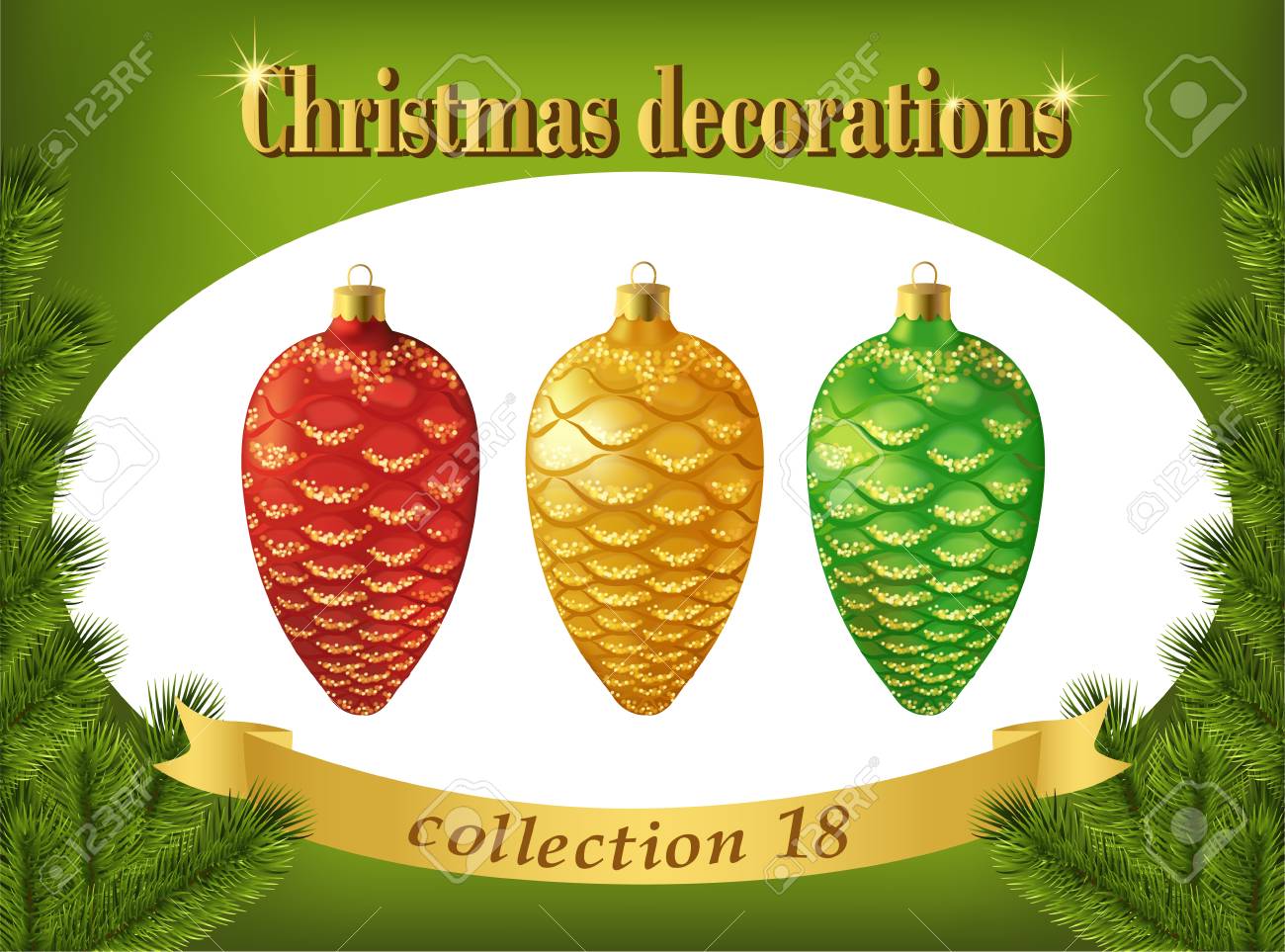 Decorazioni Natalizie Verdi.Vettoriale Decorazioni Natalizie Raccolta Di Rosso Oro E Coni Verdi Set Di Natale Rosso Coni Decorativi Dorati E Verdi Vettore Image 30442265