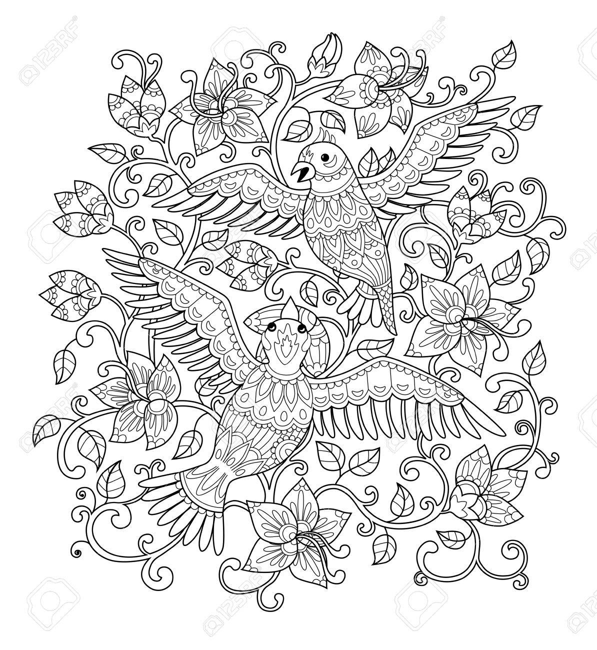 Vector Illustration Hand Drawn Decorative Outline Bird In The Bush Flowers Adult Coloring Book Page Vertical