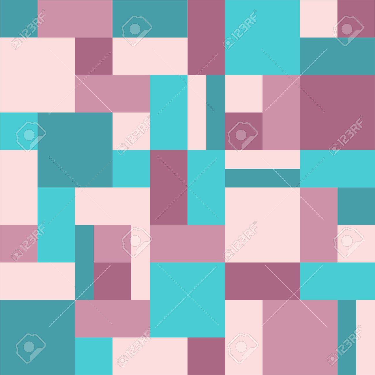 背景の四角形と正方形 スタイル パッチワークとキルト ピクセル アート ピンクとターコイズの色 キルト パターン のイラスト素材 ベクタ Image