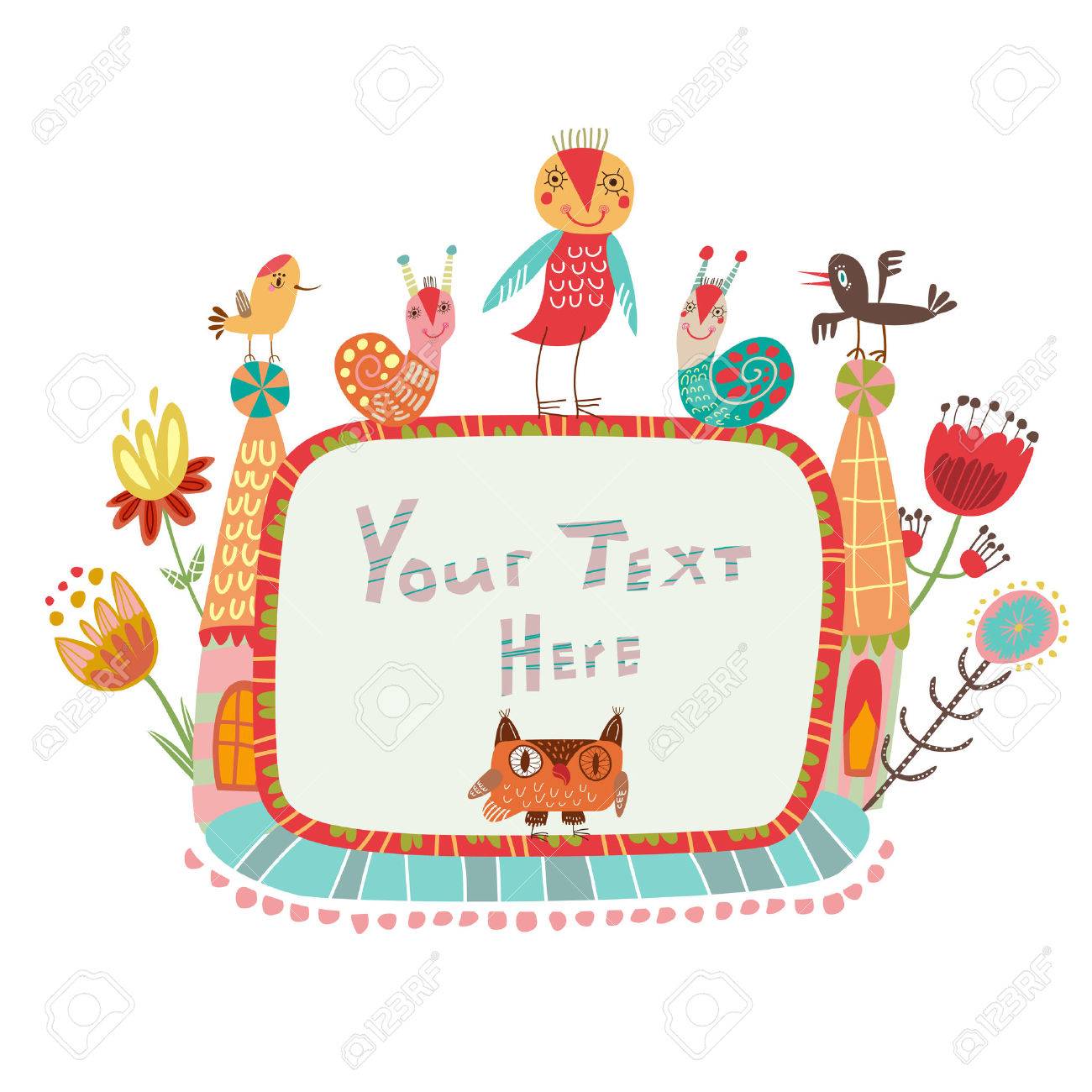 かわいいキャラクターとお祝いの言葉のためのフレーム のイラスト素材 ベクタ Image