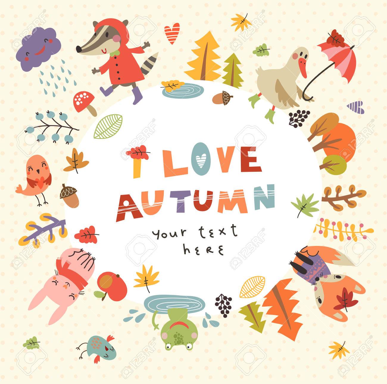 Cute autumn background with the characters. Vector illustration with cute animals - 64825534 Cute autumn background with the characters. Vector illustration with cute animals - 64825534