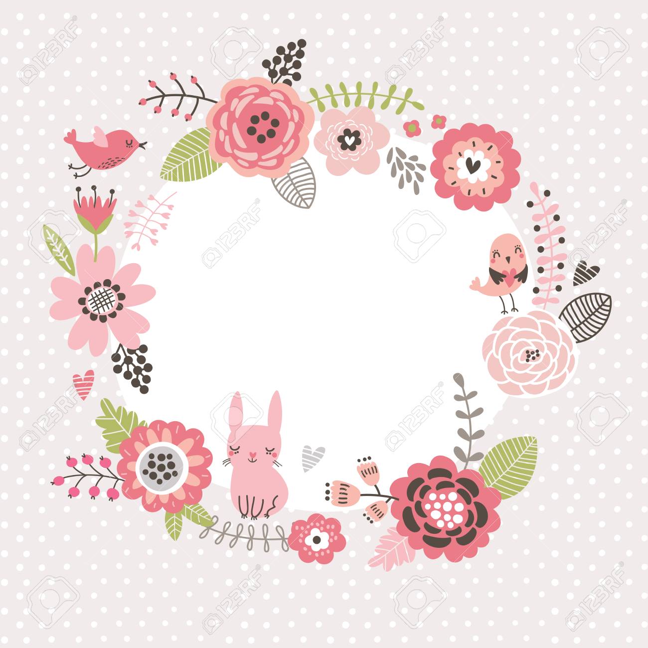 花の背景 かわいい鳥とうさぎのリース フレーム 花カード のイラスト素材 ベクタ Image