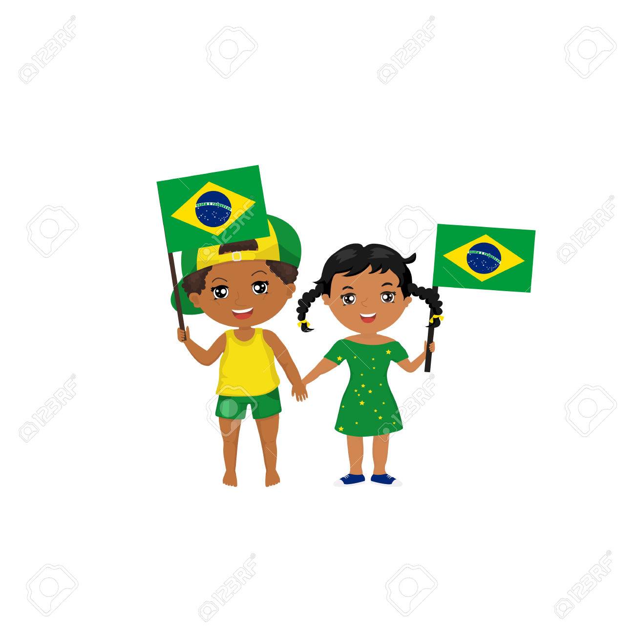 ブラジル人の少年と国旗を持つ少女のイラスト素材 ベクタ Image