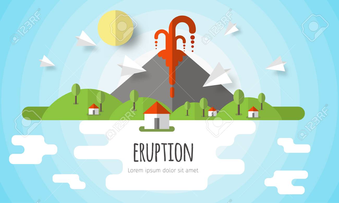 Illustration Vectorielle Dune éruption Volcanique Beau Paysage De Montagne Ciel Nuages étoiles Maisons De Village Design Plat De Matériel Avec