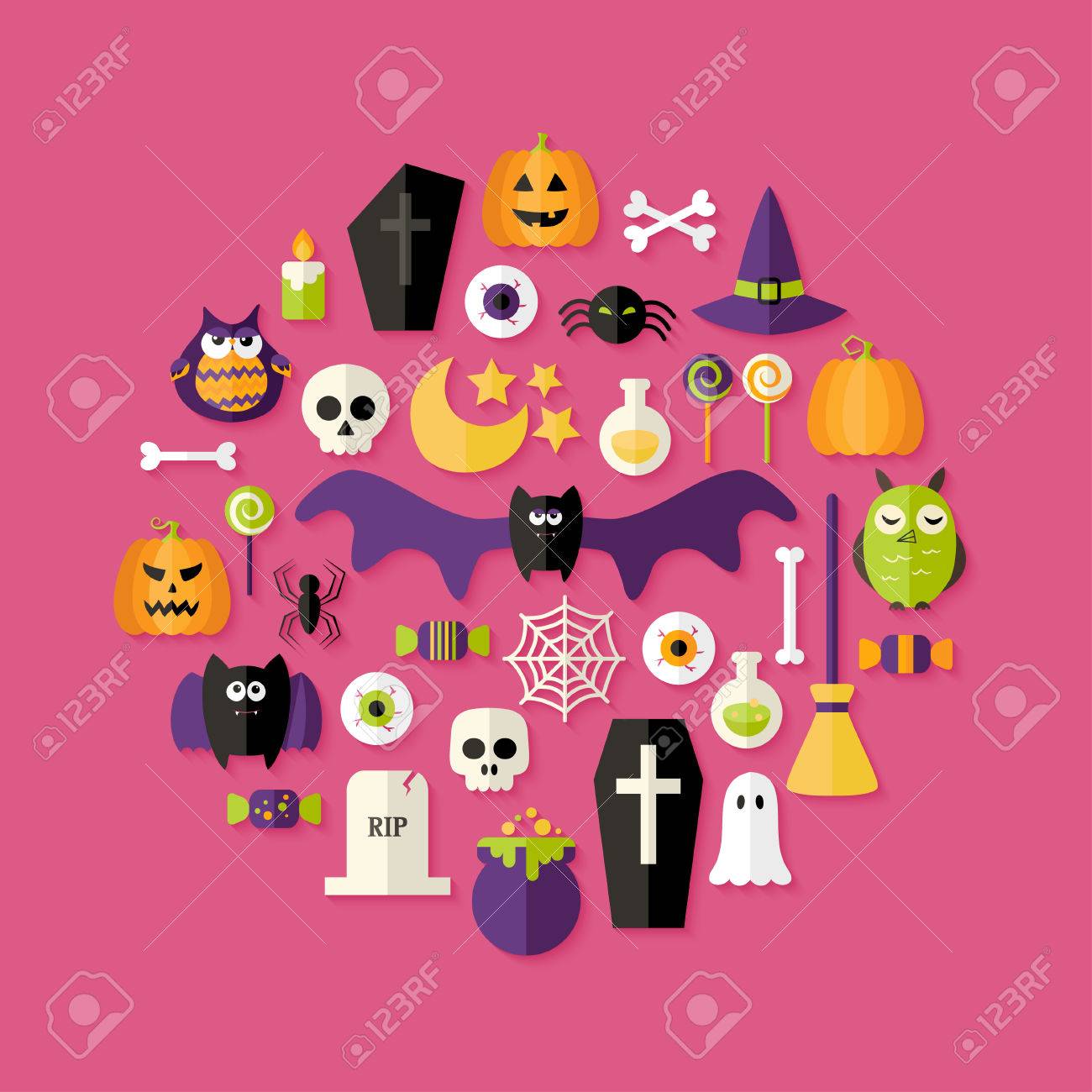 Illustration Of Halloween Flat Icons Set Over Pink Royalty Free Cliparts Vectors And Stock Illustration Image