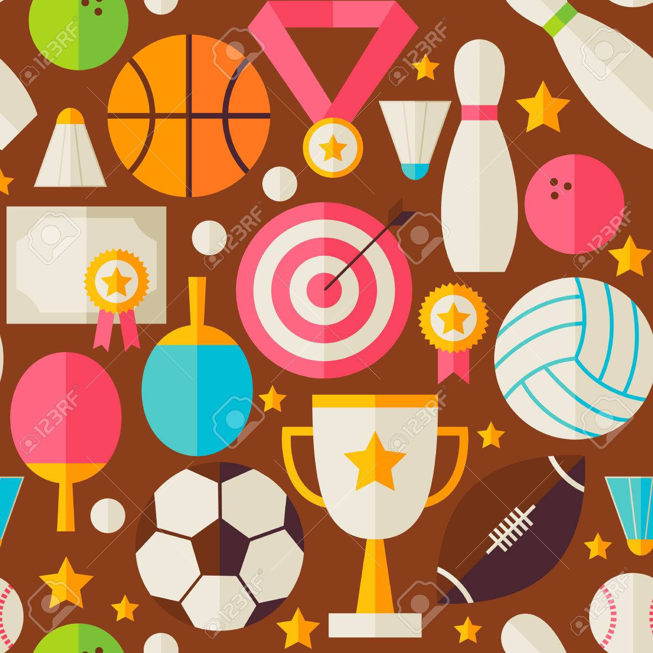 スポーツ レクリエーション大会茶色のシームレスなパターン スポーツやアクティビティのフラット デザイン ベクトル イラスト 背景 チームのゲーム最初の場所やスポーツ アイテムのセット のイラスト素材 ベクタ Image