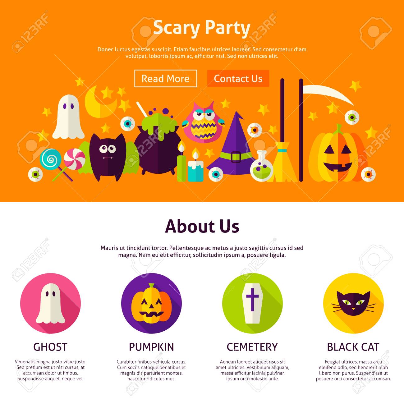 怖い党 Web デザイン テンプレートです フラット スタイルのウェブサイトのバナーとリンク先ページのベクター イラスト 楽しいハロウィンをお過ごし下さい のイラスト素材 ベクタ Image