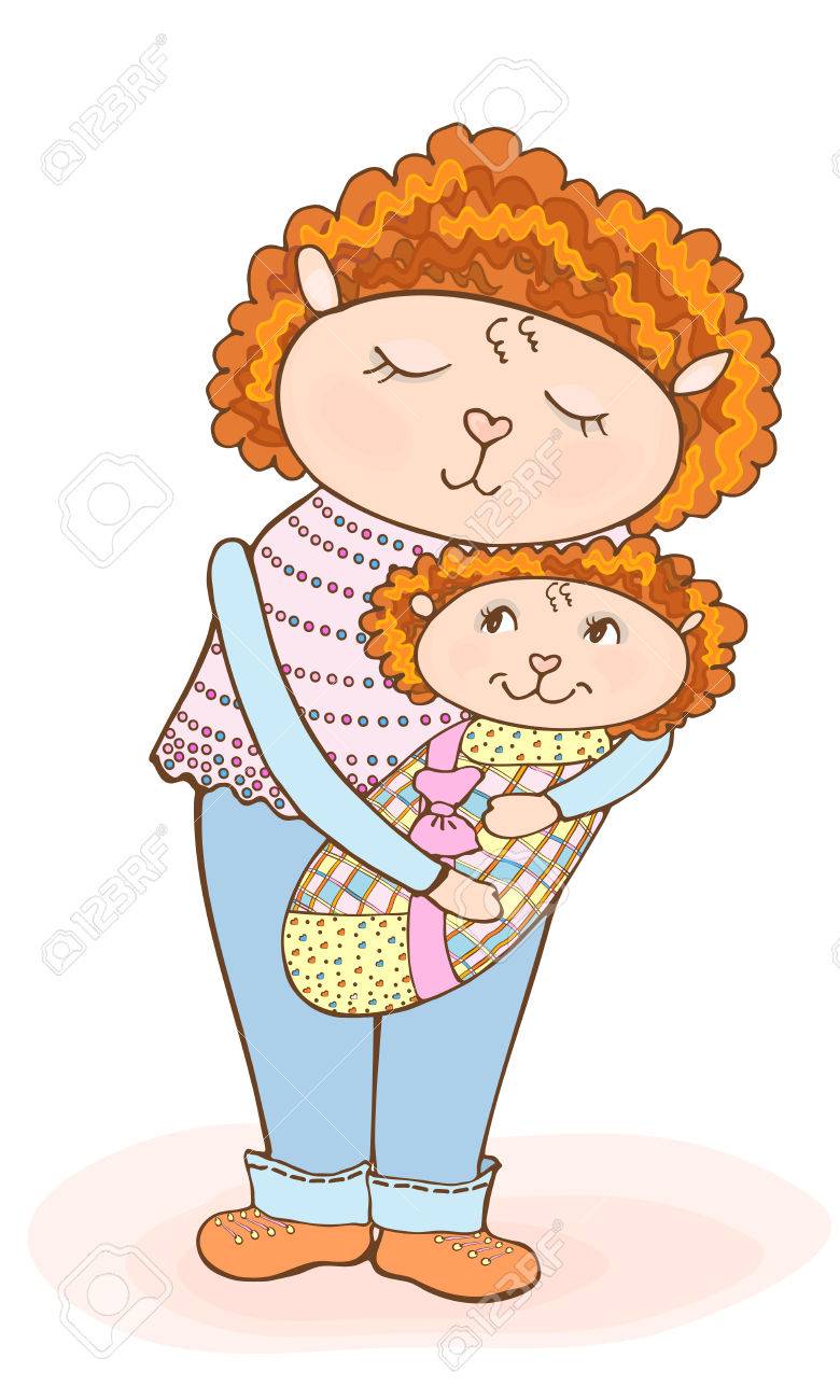 Dessin D Un Agneau De Maman De Dessin Anime Mignon Avec Un Bebe Dans Un Vecteur De Couche Culotte Des Couleurs Tendres Des Vetements Roses Bleus Et Jaunes Des Cheveux Boucles Rouges Clip Art