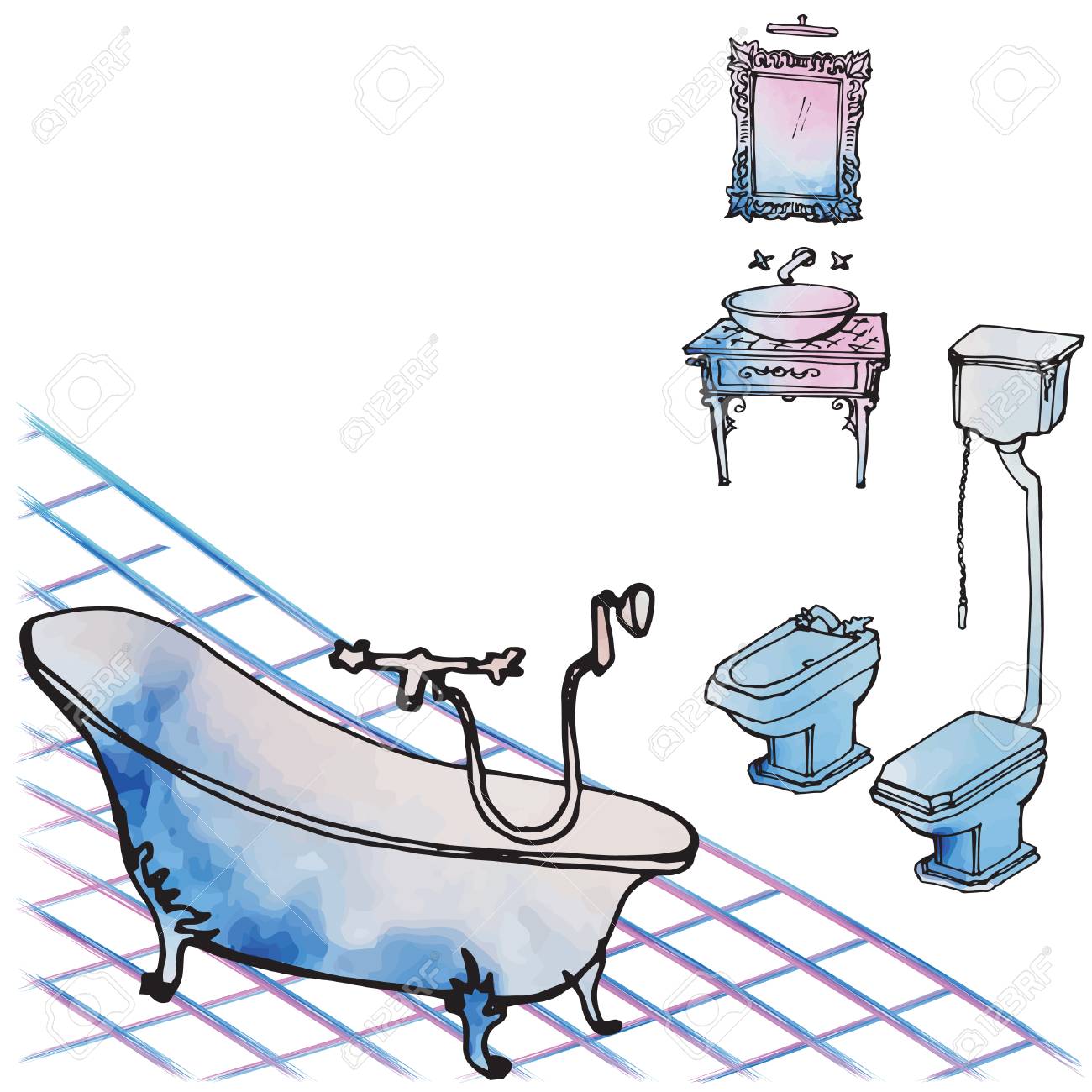 Luxurious Classical Furniture Rich For A Bathroom A Sketch In Black Vector Lines And Watercolor Spots Careless On A White Background Bath Washbasin Mirror And Tile Royalty Free Cliparts Vectors And