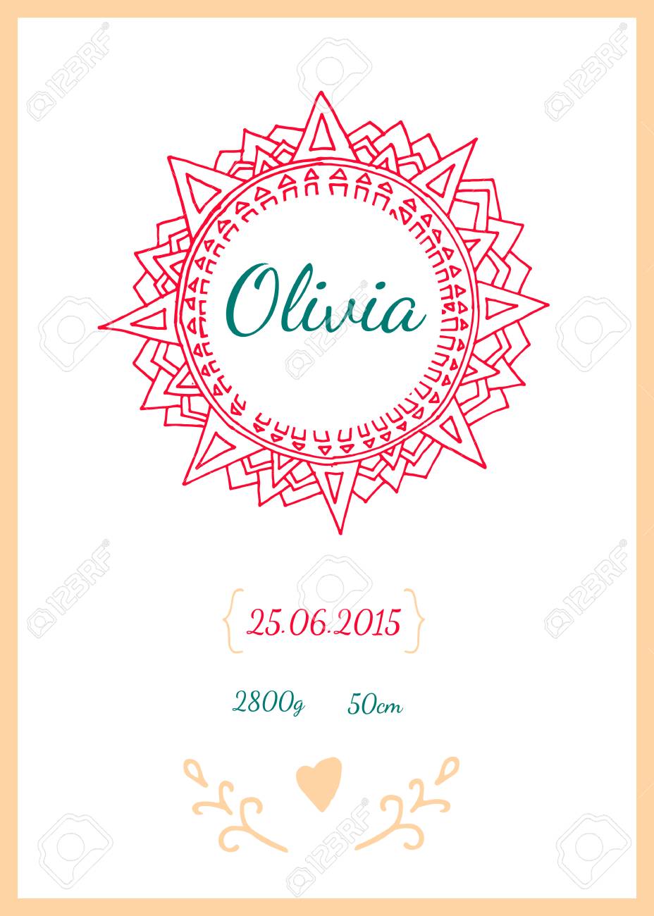 赤ちゃん誕生日カード データ付き 名前 日付 体重の子供 印刷および保育園の設計のイラスト素材 ベクタ Image