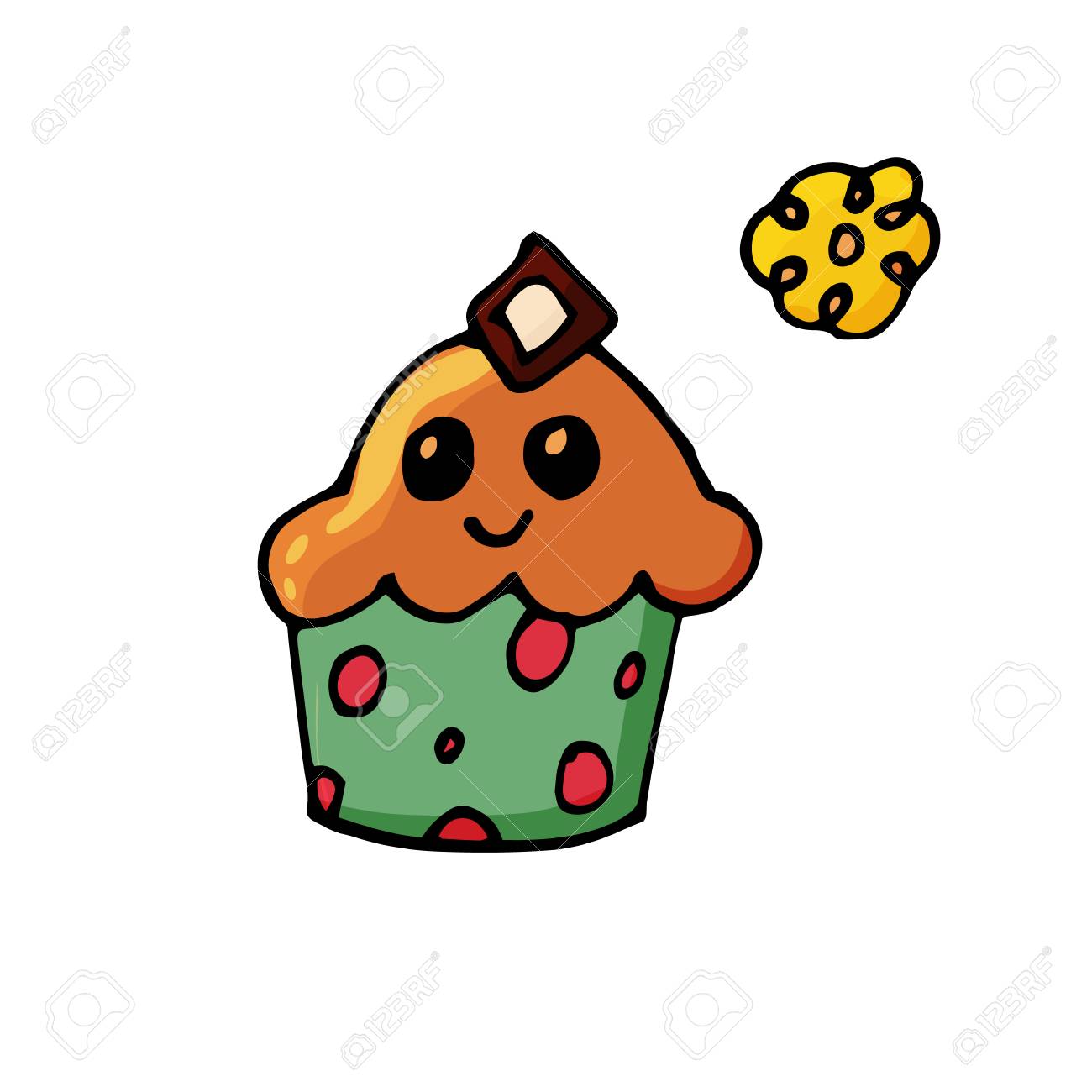 漫画スタイルのカップケーキ プリント ステッカー ナーサリの装飾のためのかわいいキャラクター ベクターの図 白で孤立のイラスト素材 ベクタ Image