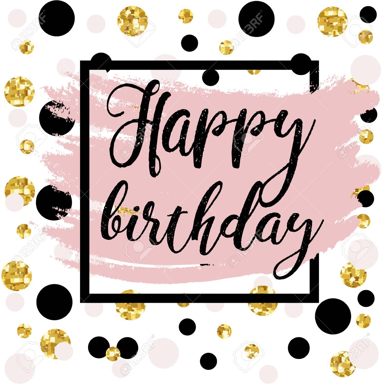 black ink gold glitter and pink hand drawn doodle vector abstract happy birthday pink and black