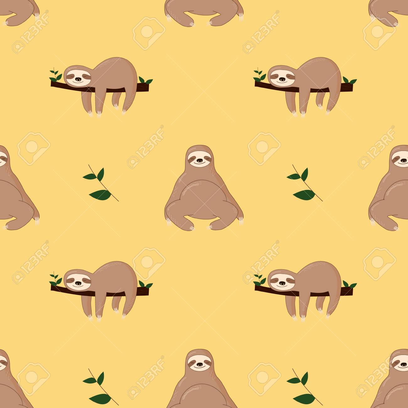 緑の背景にかわいいジャングルナマケモノとシームレスなパターン のイラスト素材 ベクタ Image